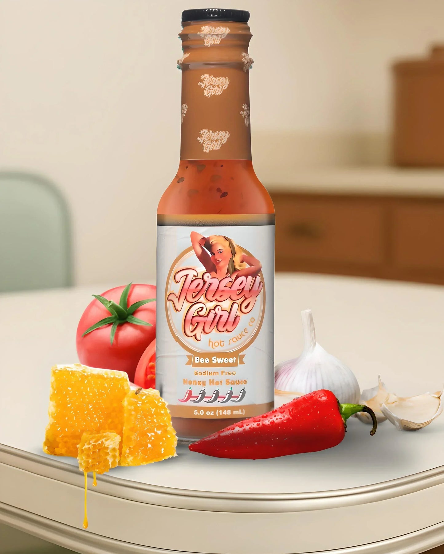 Jersey Girl Bee Sweet Honey Hot Sauce bottle placed on a kitchen counter, surrounded by fresh garlic, tomato, a red chili pepper, and dripping honeycomb. The label highlights it as a sodium-free honey hot sauce with a medium heat level.