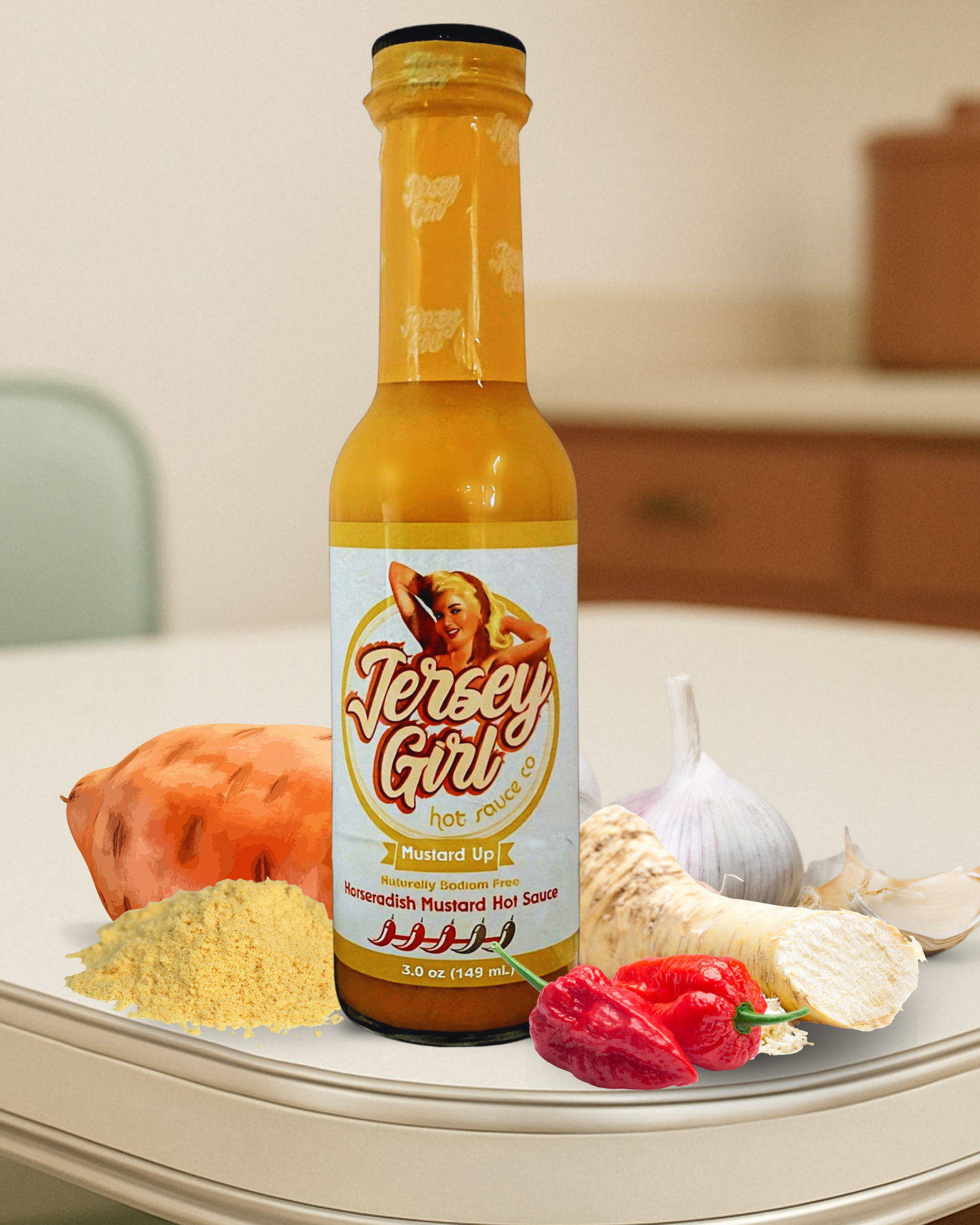 Bottle of Jersey Girl Mustard & horseradish Hot Sauce on a table with ingredients