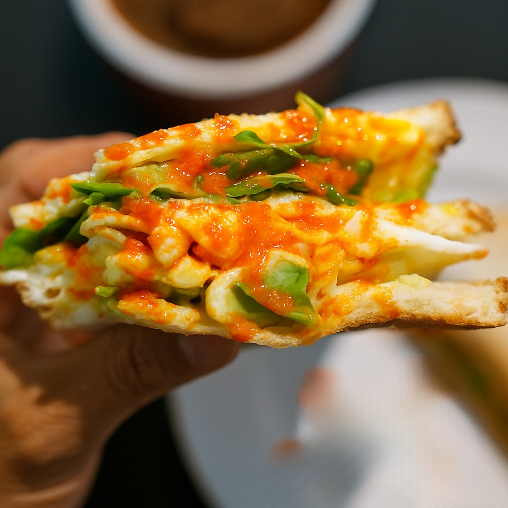 A close-up of a hand holding a breakfast sandwich filled with scrambled eggs, arugula, avocado, and melted cheese, generously drizzled with Jersey Girl Classic hot sauce. In the background, a blurred cup of coffee and a white plate are visible, adding to the cozy breakfast setting.