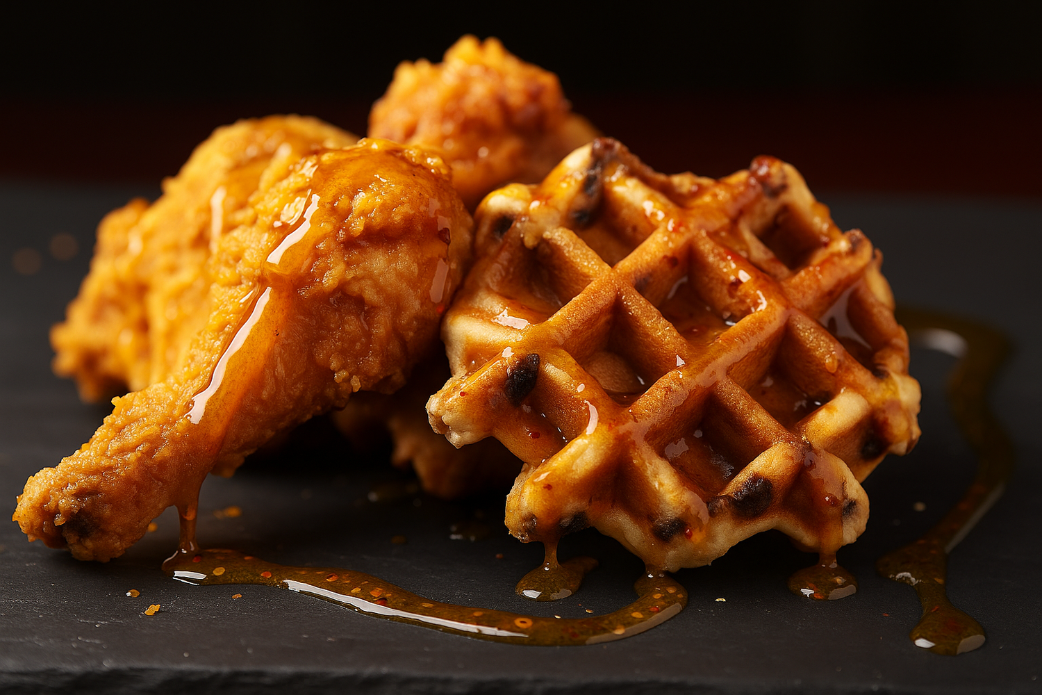 Crispy fried chicken and golden waffles drizzled generously with Jersey Girl Bee Sweet Honey Hot Sauce. This sauce adds a spicy-sweet glaze, making this classic comfort food combo bold, flavorful, and crave-worthy.