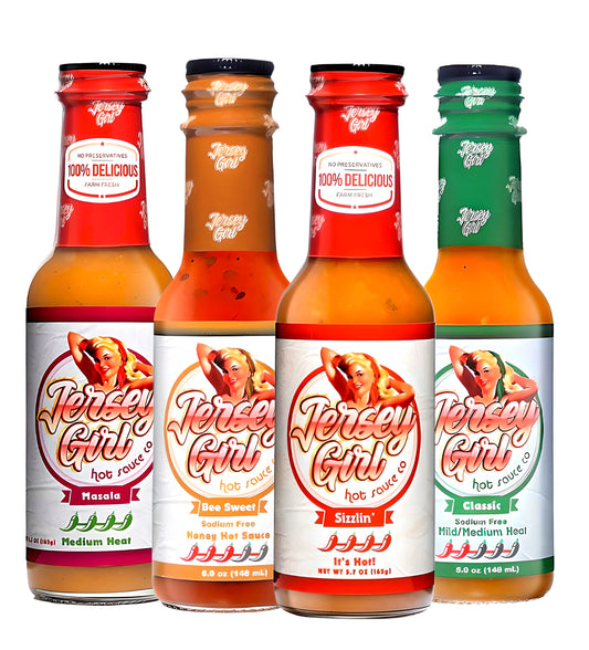 Jersey Girl Hot Sauce Variety 4 Pack. Sizzlin, Classic, Honey, Masala