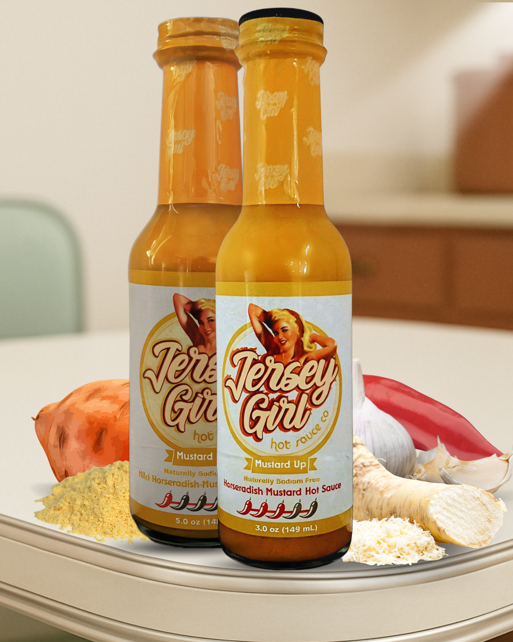 Two bottles of Jersey Girl mustard-flavored hot sauce on a surface with ingredients.