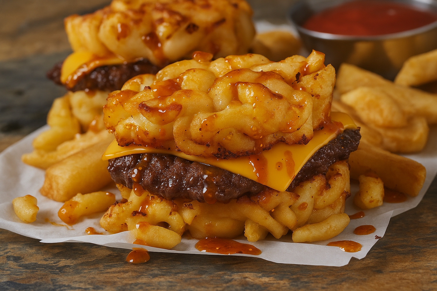 Close-up image of a macaroni and cheese burger topped with melted cheddar, drizzled with Jersey Girl Taco Hot Sauce. The rich, orange-brown sauce with visible pepper seeds adds bold flavor to the crispy mac-and-cheese buns and juicy beef patty. Served with golden fries and ketchup on rustic parchment paper.