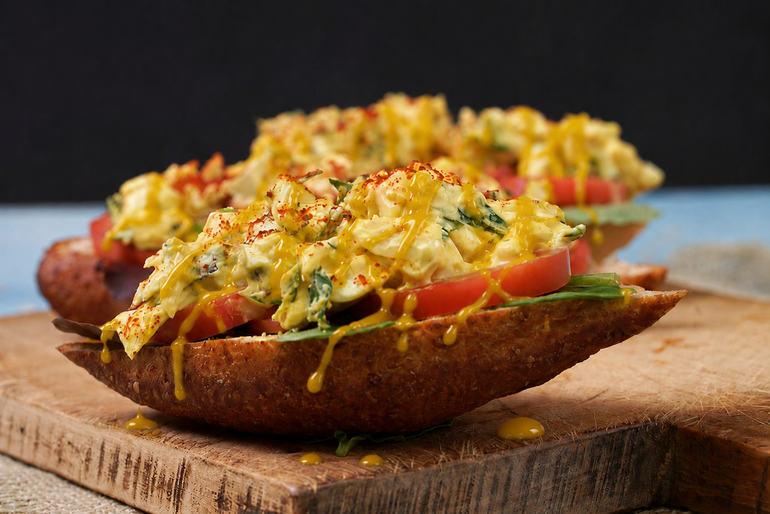 crusty bread stuffed with a creamy egg salad and Mustard Up hot Sauce on a wooden cutting board