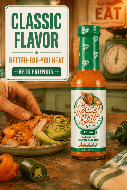 A bottle of Jersey Girl Classic hot sauce stands on a rustic kitchen counter next to a hand holding a plate of food. A large text panel reads 'CLASSIC FLAVOR' with 'Better-for-you heat' and 'Keto friendly' below it.