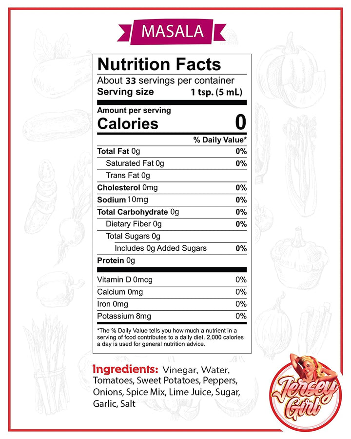 Jersey Girl Hot Sauce - Indian Masala Hot Sauce - Nutrition Label  Vinegar, Water, Tomatoes, Sweet Potatoes, Peppers, Indian Spice Mix, Onions, Lime Juice, Sugar, Garlic, Salt